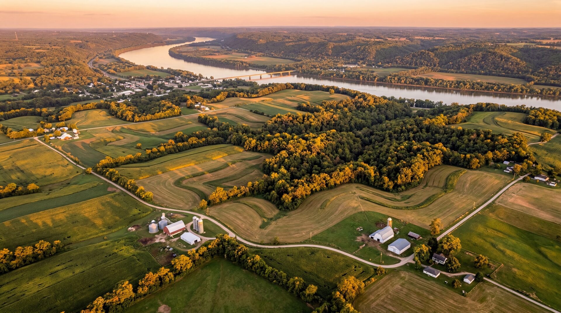 Aerial view of rolling farmland in the Kentuckiana region